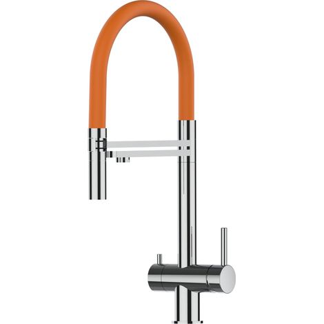 Rubinetto 3 vie miscelatore lavello cucina VIZIO in Acciaio INOX Lucido - Canna arancione movibile e doccia due getti staccabile - ACCIAIO CHIRURGICO AISI 316 (1/5)