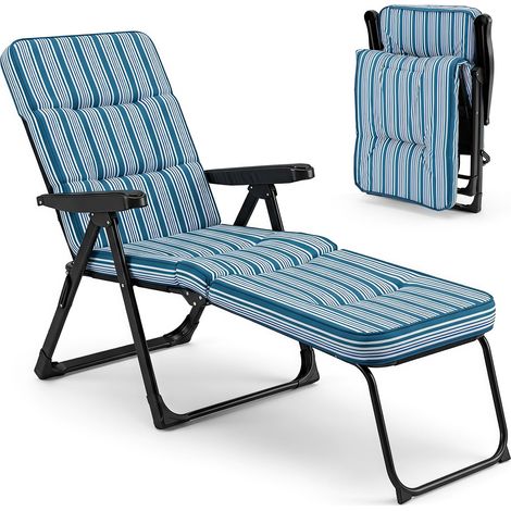 COSTWAY Sedia a Sdraio Pieghevole, Lettino Prendisole da Esterno con Schienale e Poggiapiedi Regolabili, Poltrona Relax in Metallo con Cuscino Morbido per Giardino e Terrazzo, Portata 150 kg (Blu) (1/5)