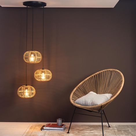 Brilliant Lampe Woodball Pendelleuchte 3flg schwarz matt/bambus Metall/Textil/Holz braun 3x A60, E27, 40 W (1/5)