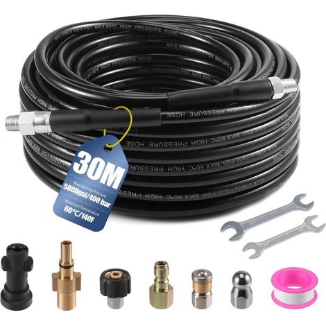 Tuyau Déboucheur Canalisation 30M, 400 Bar/5800 PSI M22 Tuyau Nettoyeur Haute Pression avec 4 Buse et 2 Adaptateurs,1/4'' Déb (1/5)
