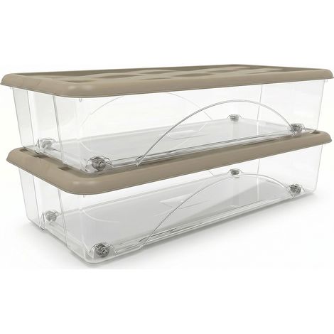 Set di 2 Scatole Sotto letto con Ruote e Coperchio beje 40 lt box basso h17,5 cm per letti Contenitori Salvaspazio in Plastica Trasparente cm 79x39 Ideale per Vestiti e Cambio Stagione Organizzazione (1/5)