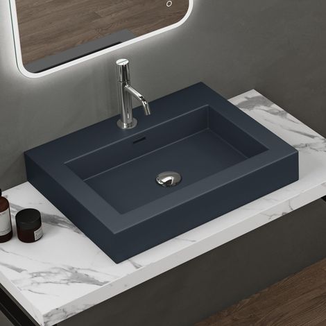 doporro Lavabo da Appoggio Rettangolare, Lavabo Bagno Sospeso con Foro Rubinetto e Troppopieno in Marmo Resina Antracite Opaco, Lavandino Bagno 60x48x10cm Colossum18