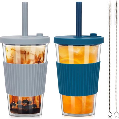 Bubble Tea Becher 500ml, 2er Set, doppelwandig isoliert, auslaufsicher, mit breitem Strohhalm (1/5)