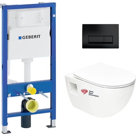 Pack Bâti-support Geberit + WC sans bride Swiss Aqua Technologies + abattant SoftClose + plaque noir mat (ProjectGeb10) (1/5)