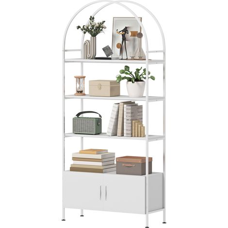Bogenförmiges, vierstöckiges Bücherregal mit zweitürigem Schrank, 80 x 30 x 187 cm, weiß