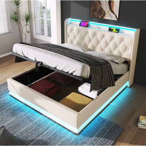 DESVIAE Lit double rembourré avec LED 360 rangement hydraulique port USB et USB C 140 x 190 cm blanc PU (1/5)