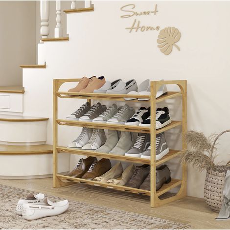 Scaffale portascarpe in bambù naturale 4 ripiani inclinati 76 x 33 x 67 cm (1/5)