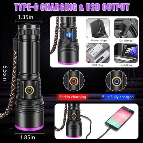Lampe torche UV 30 W 365 nm rechargeable par USB, lumière noire, détecteur d'urine animale pour durcissement de la résine, ambre, minéraux, suivi sanguin, scorpion, recherche de roche (1/3)