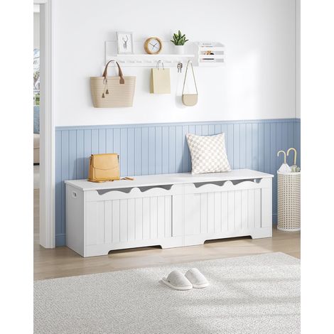 Coffre de Rangement, Banc de Rangement, avec 2 Charnières de Sécurité, Imitation Grange, 40 x 150 x 48 cm, idéal pour Entrée, Couloir, Chambre, Blanc (1/5)