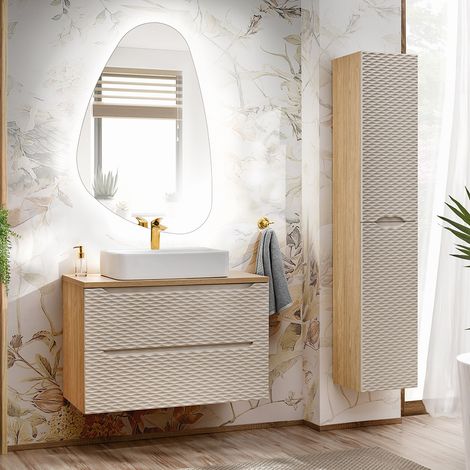 Badmöbel Set 3-teilig mit 90cm Waschtisch, Eiche mit beige, OLUO-56-BEIGE (1/5)