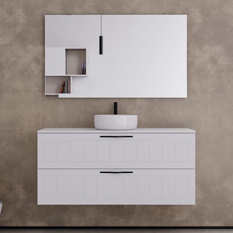 Meuble de salle de bain 120cm avec plateau et une vasque à poser ronde - 2 tiroirs - blanc - PIA (1/5)