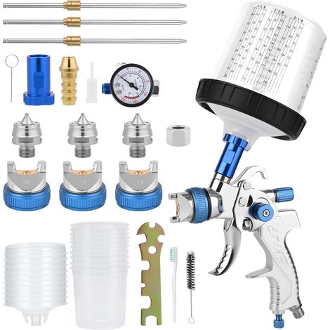 Kit pistolet à peinture HVLP avec 3 buses (1,4/1,7/2,0 mm), pistolet à peinture à air comprimé avec 10 gobelets jetables de 600 ml, pression d'air et débit réglables (1/5)