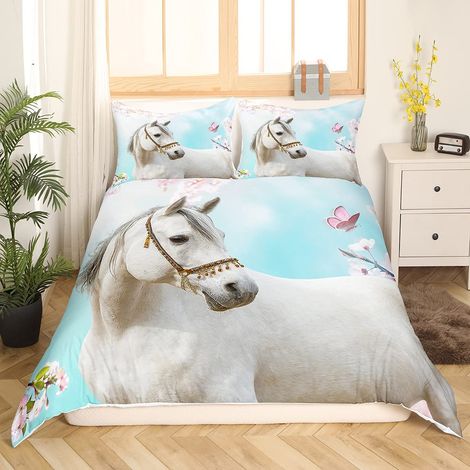 Parure de lit avec housse de couette 135 x 200 cm, motif imprimé cheval blanc, thème animal sauvage, papillon et fleur, en microfibre, pour enfant, garçon et fille, thème naturel, décoration (1/5)