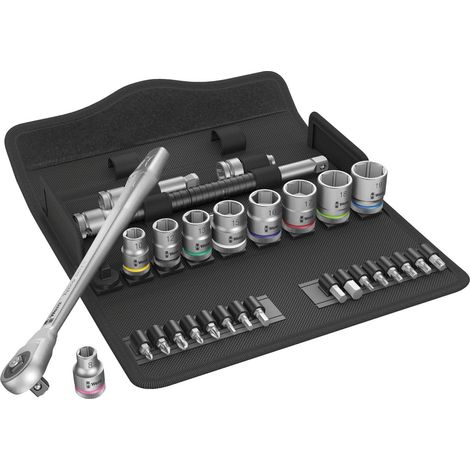 Wera, 8100 SA B 7 Kit con cricchetto Zyklop Metal con passante quadro attaco da 3/8", metrico, 29 pezzi