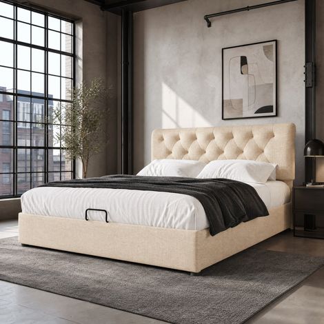 Letto contenitore 160x200 cm in tessuto, testiera regolabile, senza materasso- FLORAGRACE (1/5)