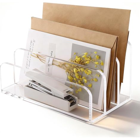 Porte-lettres de bureau transparent 3 compartiments en acrylique, Organisateur de documents pour courrier, cartes postales, magazines - Range-fichiers de bureau (1/5)