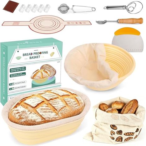Banneton Panier à Pain de Fermentation au Levain Starter Kit Corbeille a Ovale Set Boulangerie Bread Proofing Basket pour les Débutants Boulangers Expérimenté