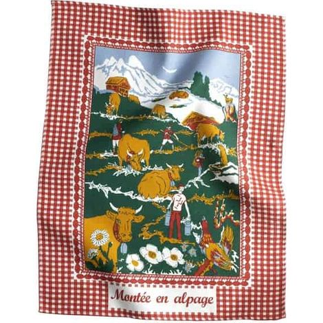 Torchon de cuisine « Montée en Alpage » – Esprit Montagne – Rouge ou Marron – 100 % Coton - 50x70cm - Rouge