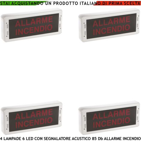 SEGNALAZIONE VIA DI FUGA 4 PEZZI LUCE LED SIRENA 85 dB SCRITTA ALLARME INCENDIO PANNELLO A MURO EN 54-3 EN-54-23 DoP 1293 CPR-0511 (1/4)