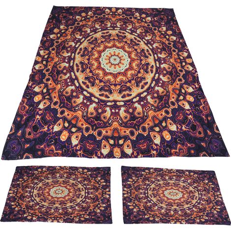 Parure de lit bohème rayures jaunes 3 pièces : housse de couette 135x200cm + taies d'oreiller, linge de chambre. (1/5)