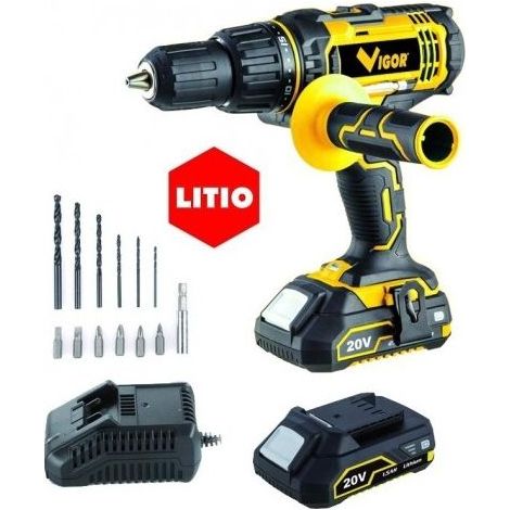 Vigor 9020026 VI-T20PLI Trapano Avvitatore a Percussione 20V 1.5Ah 2 Batterie Litio 50 Nm Mandrino 13 mm Valigetta con Accessori