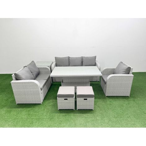 Fimous Patio PE Wicker 8 Seater Outdoor Rattan Furniture Sofa Sets with Adjustable Lifting Dining or Coffee Table Reclining Chair Loveseat Sofa 3 Seater Sofa Stool Side Table Light Grey (1/5)