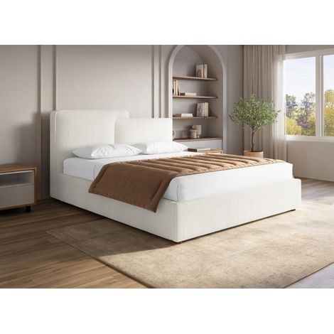 Deco in paris lit coffre en velours cotele ecru 140x190 cm rangement sous sommier tete de lit design asymetrique cadre rembourre confortable (1/5)