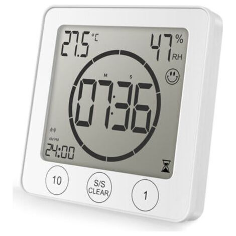 Horloge de Douche Salle de Bain, Contrôle Tactile étanche, Alarme Numérique LCD, Thermomètre Hygromètre, Minuterie de Compte à Rebours, Alimenté par Pile, pour Maquillage Cuisine (blanc) (1/3)