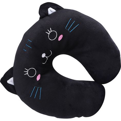 Schwarzes Katzen-Reisekissen aus PP, U-förmiges Kissen, Auto-Kopfstütze, weich und bequem, Plüschtier für Haustiere, Autozubehör (1/5)