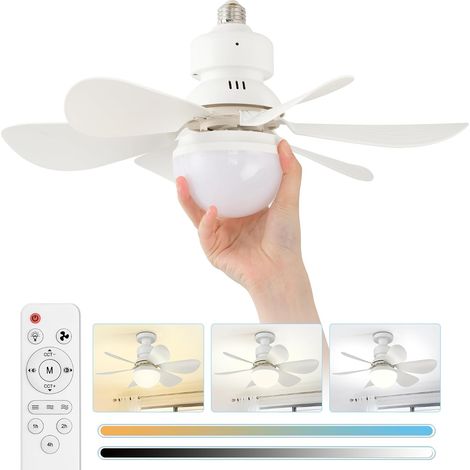 Ventilador de techo de 30 W a pilas con luz, modelo pequeño con mando a distancia, 3 velocidades, LED regulable (3000–6500 K), casquillo E26, temporizador, cable de extensión, 6 aspas blancas. (1/4)