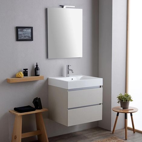 Mueble De Baño 60Cm 2 Cajones Gris Perla Con Lavabo De Resina Y Espejo  Valentina