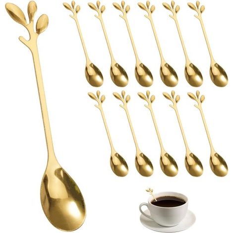 Allecto Plus,Cucharas decorativas doradas,12 piezas,Cucharas de café de acero inoxidable,Cuchara para pastel,Juego de 12,Color dorado (1/5)