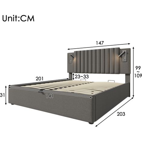 Lit capitonné 140x200, lit 2 places avec tiroirs de rangement intégrés, coffre de lit, lampe LED rechargeable par USB, tête de lit cloutée, sommier à lattes avec espace de stockage, coton, gris (matel (1/5)