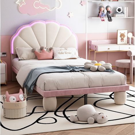 lit enfant couchage LED 90x200 velours blanc rose OKMYHOME (1/5)
