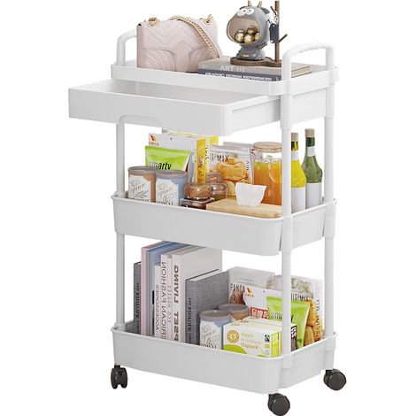 3 Niveaux Chariot de Rangement à roulettes Rangement Livre Desserte à roulettes Cuisine Etagere Roulette avec Tiroir Cuisine Salle de Bain Plastique - Blanc (1/5)