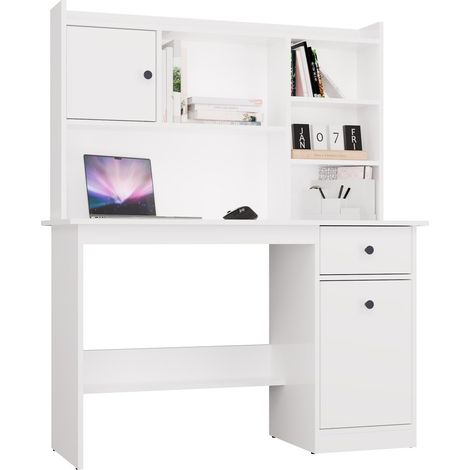 CHESTER - Scrivania con mensola superiore - 1 cassetto, 1 armadio, vano portaoggetti - 120x145x45 cm - Bianco (1/5)