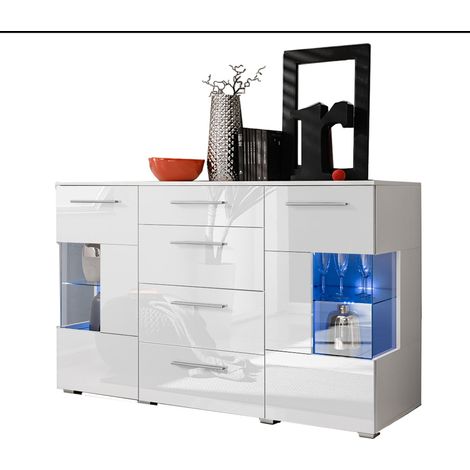 Dusine – Bahut buffet profond 150x97x54.5cm laqué blanc avec éclairage LED – 2 portes vitrées et 4 tiroirs – Finition brillante (1/4)