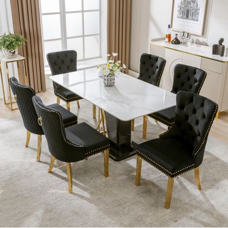 Sedia da pranzo in velluto nero con schienale decorativo a doppio anello, borchie decorative, gambe in acciaio inox dorato, elegante per cucina e salotto  CHICFURN (1/5)