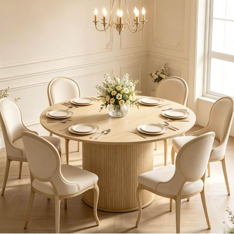 Tavolo da pranzo rotondo 120x120x75 cm, base cilindrica scanalata, piano ampio, MDF e truciolato, naturale (1/5)