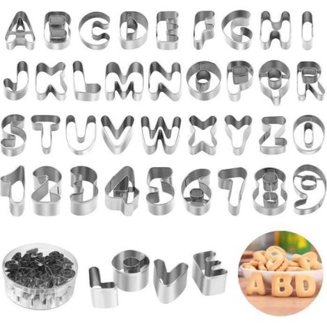 Lot de 36 Emporte-piece, Lettre Alphabet Chiffre, Acier Inoxydable, Boîte Rangement, Pâtisserie Biscuit (1/2)