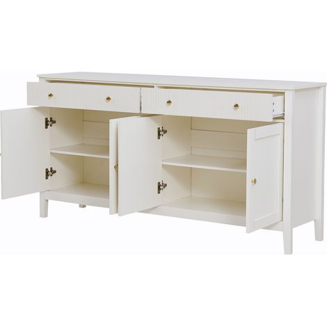Weiße Kommode mit 2 Schubladen und 4 Türen aus MDF, 160 x 40 x 82 cm, goldfarbene Griffe (1/5)