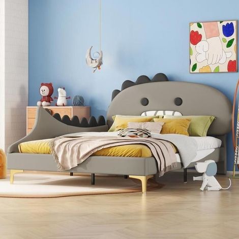 Lit enfant - KOMHTOM - forme dinosaure cartoon - 140 x 200 cm - PU+MDF - Gris (1/5)
