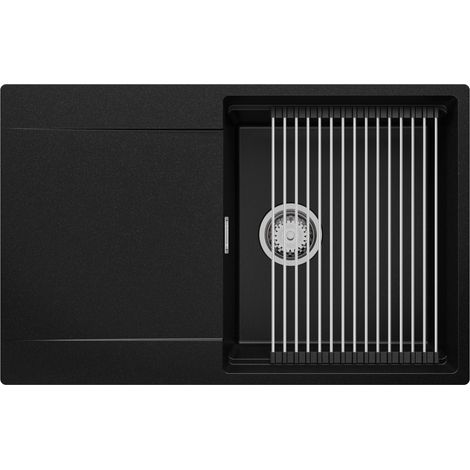 PRIMAGRAN Evier Cuisine en Granit 78x50cm, Lavabo 1 bac + Kit de Vidage + Égouttoir Enroulable, Évier à Encastrer au meuble 50cm - San Francisco, Noir (1/5)