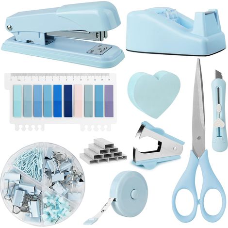 Ensemble de Fournitures de Bureau, Kit d'accessoires de Bureau, Distributeur de Ruban Adhésif, Dissolvant d'agrafes, Agrafeuse avec Agrafes, Ciseaux, Notes Autocollantes pour Maison L'éCole (1/5)
