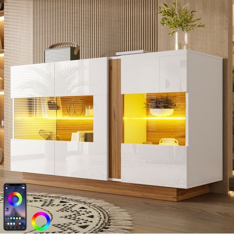 Aparador 120/38/80 cm blanco y natural con 3 puertas acrílicas e iluminación LED regulable (1/5)