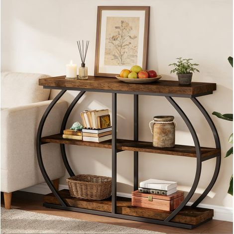REDOM Mesa consola 105x24x80 cm, 3 estantes, marco metálico curvado, metal y madera, marrón (1/5)