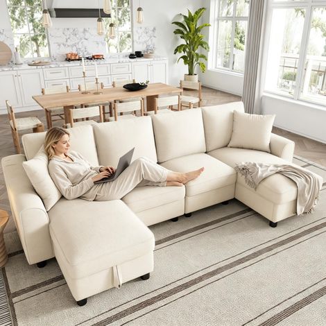 Canapé d'angle moderne en chenille, deux places, avec deux méridiennes et deux coussins. Les méridiennes sont dotées d'un espace de rangement pliable. Canapé modulable et multifonctionnel, beige, 280 (1/5)