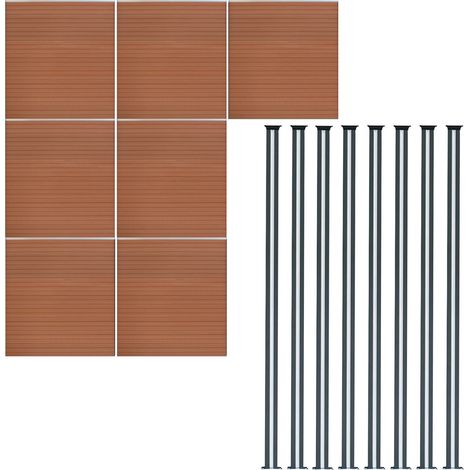 Kit Clôture 7 Panneaux Composite Plastique Marron 9 Lames à Emboîter 185 cm H x 1218cm L & 8 Poteaux en Aluminium à LED Solaires Texture de Bois Reversible Brise-Vue Extérieur Jardin Mur d'Intimité