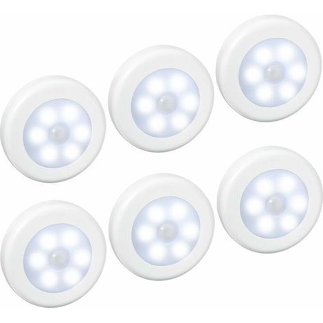 GROOFOO (6 Pack) Lampes LED à Détecteur, Lampe Détecteur de Mouvement, Lampe de Placard, Alimenté par Batterie (non Inclus), Lampe LED pour Escalier, Armoires, Placards, Facilité d'installation (Blanc (1/4)