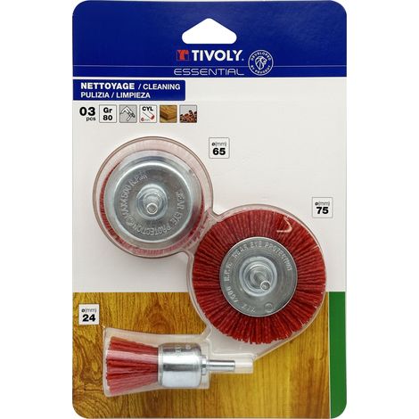 Tivoly • 3 Brosses : Circulaire-Coupe-Pinceau • Fil Nylon • Ø75mm / Ø65mm / Ø24mm • Queue cylindrique Ø6mm • Grain : 80 • Pour Nettoyage du Bois